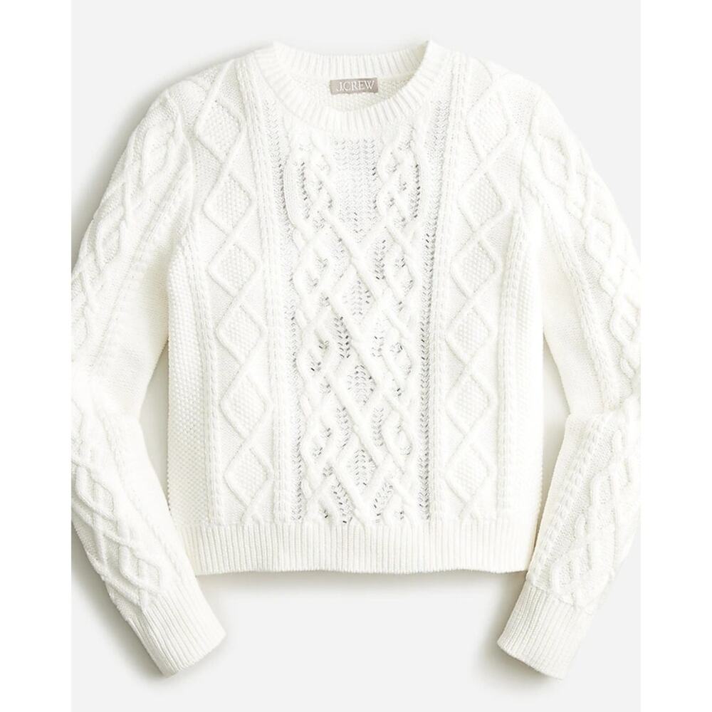 J. Crew White Cable-Knit Crewneck Sweater